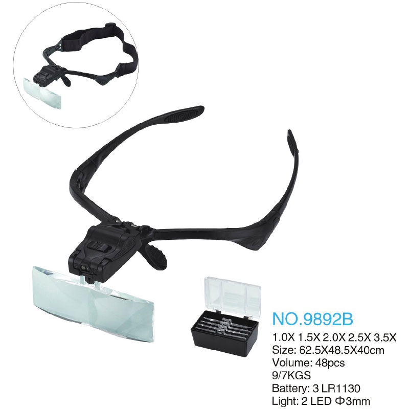 تصویر  ذره بین و لوپ عینكی چراغ دار  9892B LED كامار (چین)  1X-1/5X-2X-2/5X-3/5X